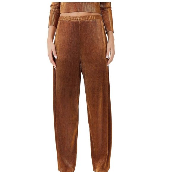 French Connection Taina Metallic Bronze Pleated Jersey Wide Leg Pants Size S - Picture 2 of 16